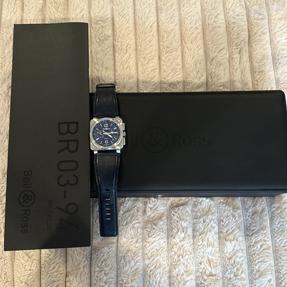BELL & ROSS BR03-94 Blue Steel Watch Automatic Chronograph 42mm Leather Band - Picture 6 of 9